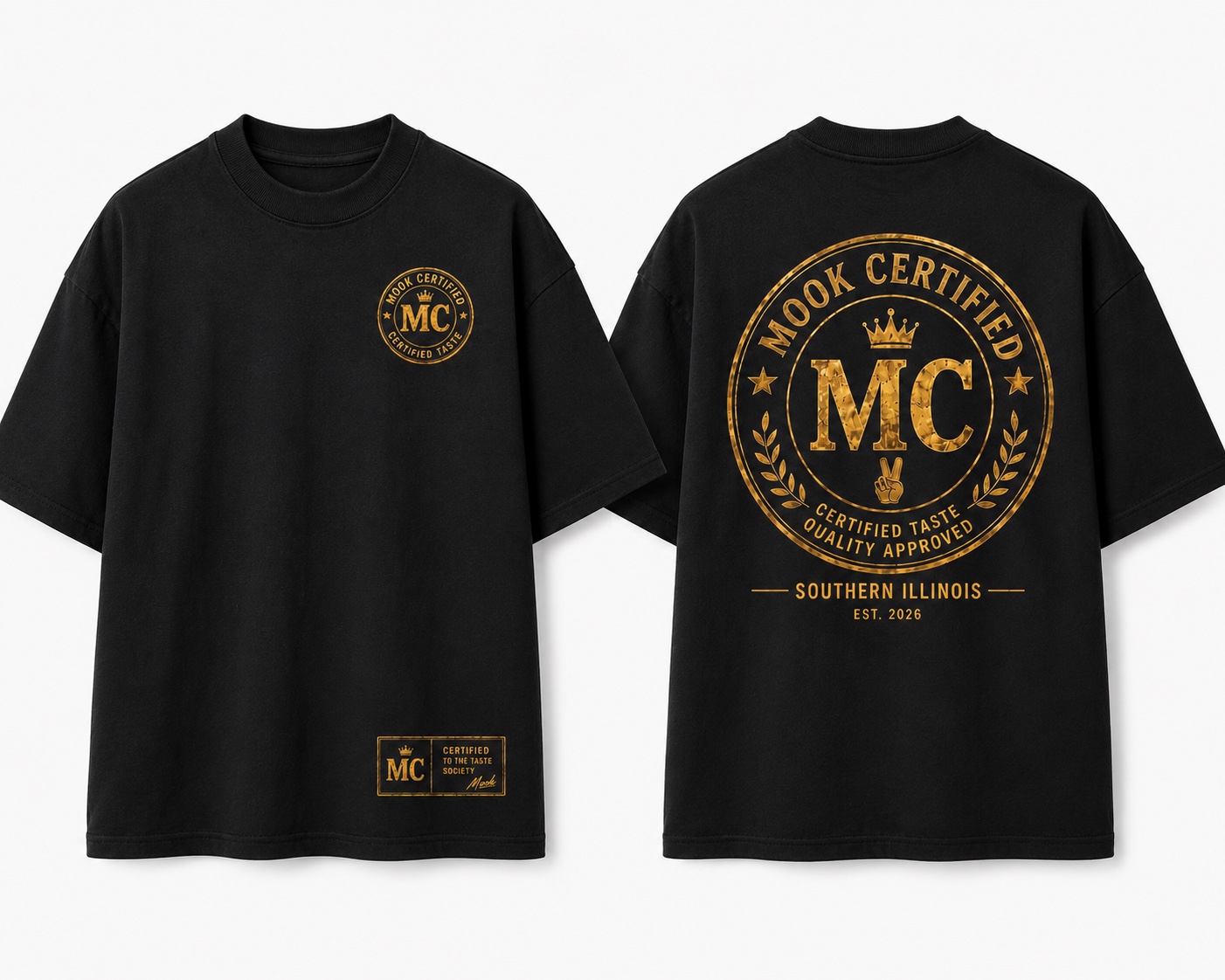 Front and back of the black MC-001 Certified Seal Tee